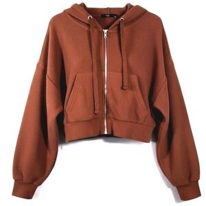 Forever 21 Womens Rust Brown Ribbed Cropped Zip Up Hoodie Large Relaxed Fit